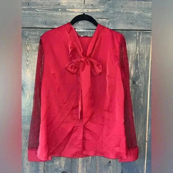 Elegant Red Bow Tie Blouse with Polka Dot Mesh Sleeve Romantic Statement Top A67 - Picture 6 of 8